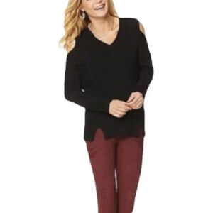 LYSSE Womens Riley Black Ribbed Knit Cold Shoulder V-Neck Sweater Top SZ M
